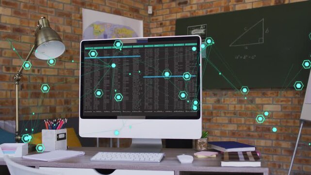 computer showing terminal data and starting teal nodes linking desk to chalkboard for data analysis