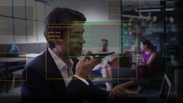 Man raising smartphone to mouth and speaking in lounge, HUD overlays tracking latency for tech demo