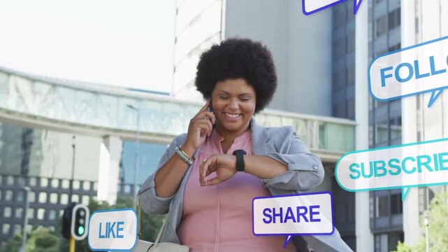 Midadult woman walking talking on phone as checking watch for time creating social tags around her