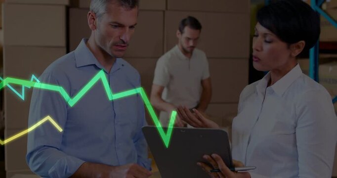 Two staff reviewing tablet, causing animated graphs and adjusting logistics while packer continuing