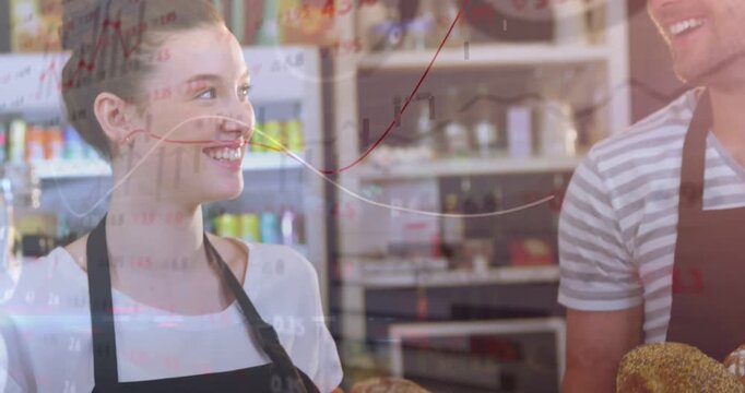 Pullback showing bakery staff holding pastries, basket, animated charts overlaying scene for sales