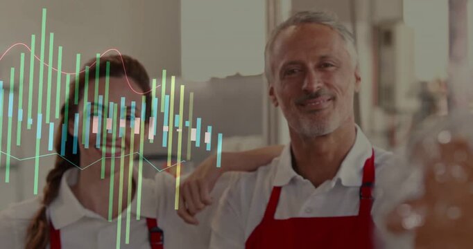 Vertical video: Pullback revealing bakery woman placing arm on man, waveforms rising showing cookie