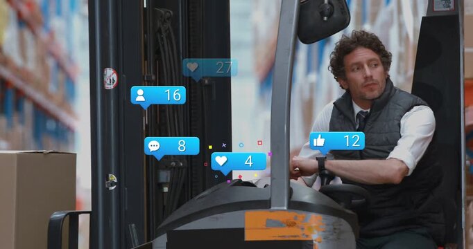 Operator on truck checking smartwatch, blue bubbles rising from truck in warehouse, showing metrics