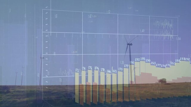 Data feed activating, HUD overlaying wind farm, 3D bars rising, showing turbine data, then receding
