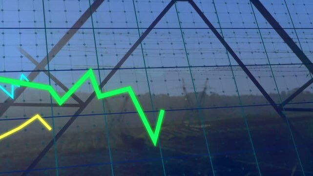 Grid glass panel displaying environment data for monitoring, green line emerging, tracing peaks