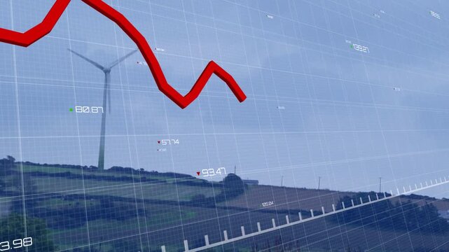 Faint grid appearing over hillside, red 3D line graph moving, showing peaks or dips for energy