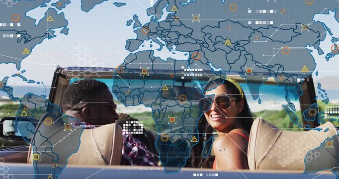 Overlay map fading in over convertible, passenger turning smiling, driver glancing, showing network