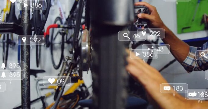 Social icons appearing and multiplying, bike mechanic truing wheel and testing pedal for repair