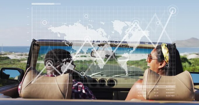 HUD appearing, map animating with rising graph, couple driving convertible reacting to uptrend