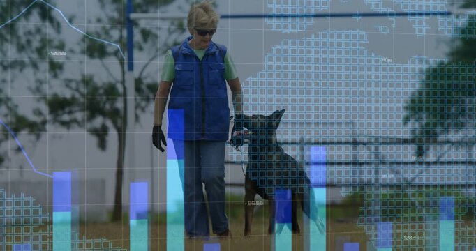 Woman handler giving cue and walking dog for training, animated charts overlaying pair