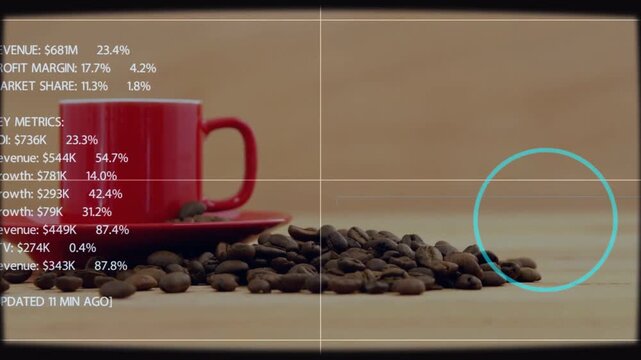 Playhead-triggered HUD elements being drawn over red cup and beans, showing quarterly metrics