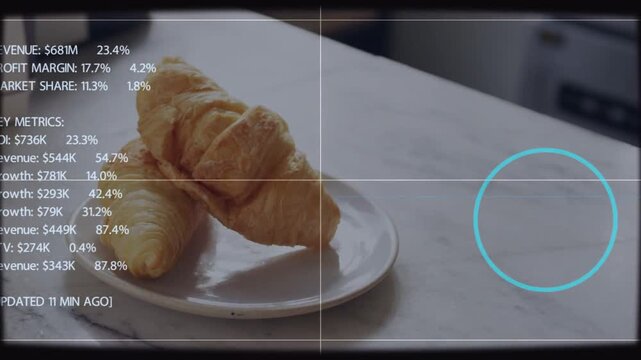 Vertical video: Grid forming over croissants, starting HUD building showing quarter finance metrics