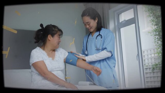 Patient reaching arm, nurse fitting blue cuff, measuring BP for health while yellow overlay passing