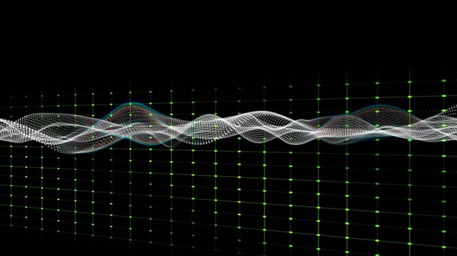 Left pulse appearing, neon green wave sending peaks and aligning with white mesh, showing data flow