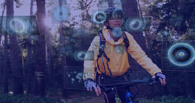 Female cyclist pausing on trail and scanning as HUD panels expanding around handlebars guiding tech