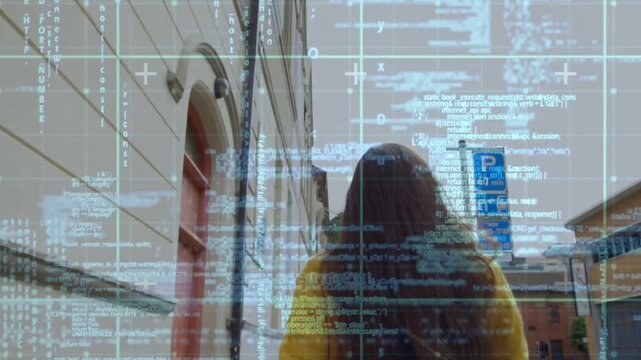 Woman walking street under code overlay, low camera tracking, adjusting hair checking sign for tech