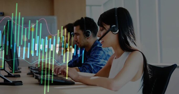 Female agent typing in call center, live audio starting waveform overlaying agents for analytics