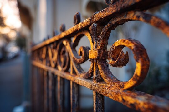 Close-up of a weathered rusty wrought iron fence with ornate scrollwork and peeling paint