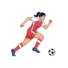 Fototapeta premium Female soccer player running with a ball, professional athlete in red and white uniform