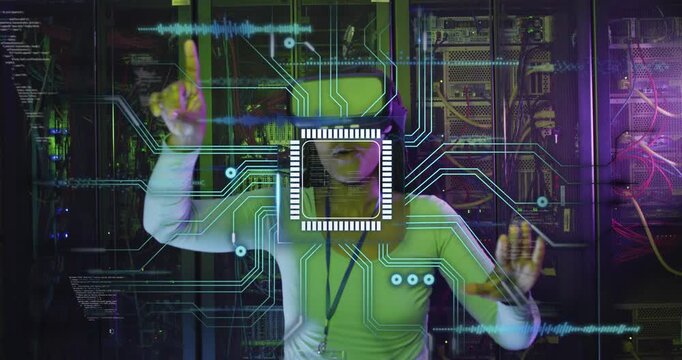 Woman IT tech pointing, confirming via VR, square UI initiating holo interface for server control