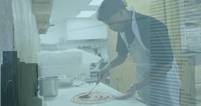 Vertical video: Cook placing dough, spreading sauce on counter, overlays tracking spread for pizza