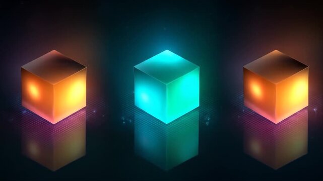 Three illuminated cubes in vibrant colors on a dark background