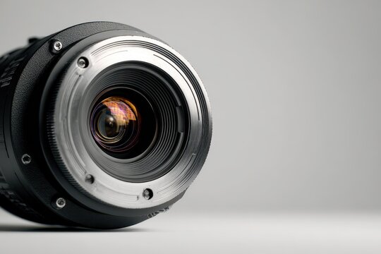 Close-up photograph of a video camera lens showing open aperture and iris blades