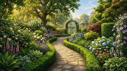 Obraz premium sunlit garden pathway with blooming flowers