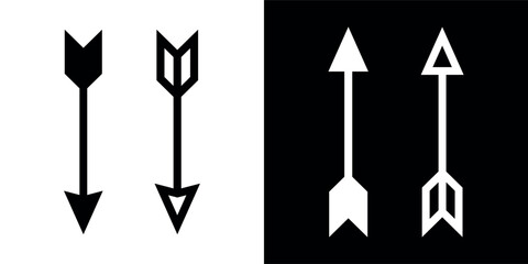 Arrow icon. Attribute of an archer or hunter. Symbol of shooting, weapons, or war. A projectile for throwing or shooting at a distant target. A weapon for hunting or sporting competition. Vector. © Checha
