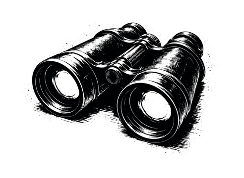 A vintage binoculars set shown in three-quarter perspective, angled slightly downward so the twin barrels project toward the viewer, filling most of