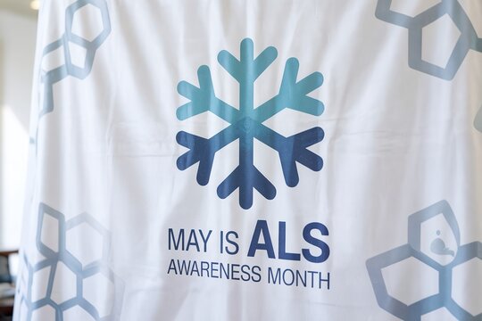 May is ALS Awareness Month Healthcare Banner with Blue Snowflake Symbols for Medical Research Support and Amyotrophic Lateral Sclerosis Advocacy