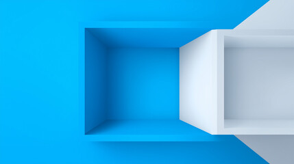 Fototapeta premium Abstract 3D rendering of cubical display boxes in blue and white on plain background minimal modern design