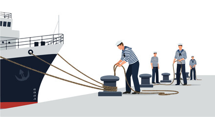 A flat-style vector image showing sailors fastening ropes to moor a ship at the dock, designed with simple geometric forms, a maritime activity theme, clean lines, and a white background. © ErriawanDharma