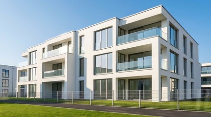 Fototapeta premium Contemporary Residential Architecture Featuring Spacious Glass Balconies, Geometric Design, and Green Landscaping