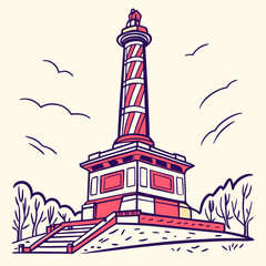 Obraz premium Striped lighthouse or column landmark vector illustration, graphic sketch of a historical monument on a hill with clouds.