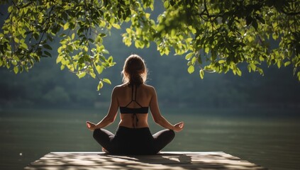Fototapeta premium Woman meditating in lotus position outdoors with blurred greenery background meditation yoga