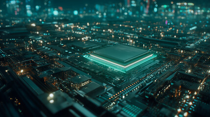 Obraz premium Futuristic microchip city digital rendering circuit board glowing data transfer