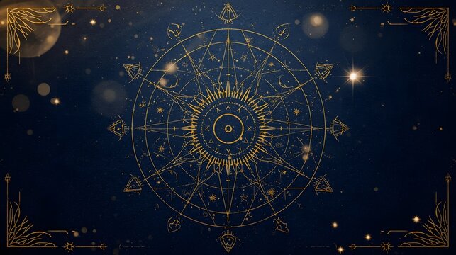 Celestial Zodiac Art: A captivating cosmic design features a detailed zodiac wheel with shimmering gold accents, depicting astrological symbols against a deep celestial backdrop.