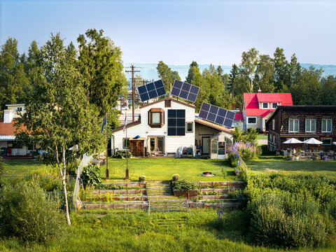 House with solar panels in Alaska, USA. Summer 2025.