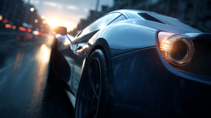 Fototapeta premium Sleek blue sport car driving on a city road with sun shining 