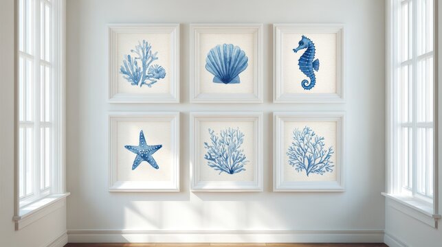 Coastal blue watercolor illustrations framed in white on a gallery wall