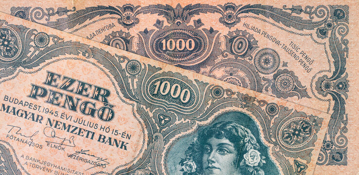 1000 Hungarian Pengő banknote from 1945 with Hungarian coat of arms. A historical numismatic artifact representing the post-WWII hyperinflation period in Europe. currency of Hungary