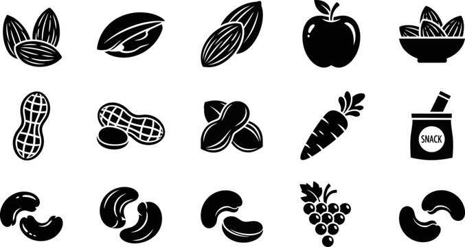 collection of black silhouette icons of various fruits and nuts on white background