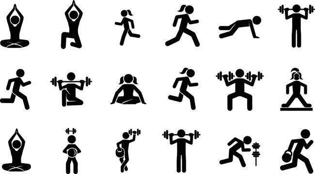 stick figures exercising and working out in various fitness poses and activities