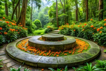 Obraz premium Circular stone platform with orange flowers on white background