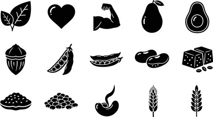 Black silhouettes of various food and plant icons on white background © Pixel Verses