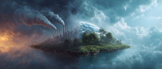 Fototapeta premium Floating island with factories polluting air and green side with trees in cloudy sky environmental concept image.
