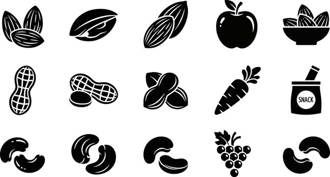 Collection of various food icons including fruits and nuts on white background