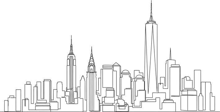 New York City skyline illustration with skyscrapers and buildings in black lines on transparent background