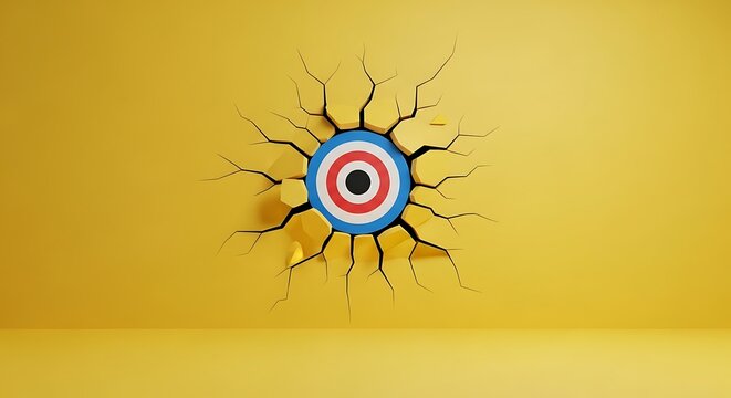 Target breaking through cracked yellow wall concept